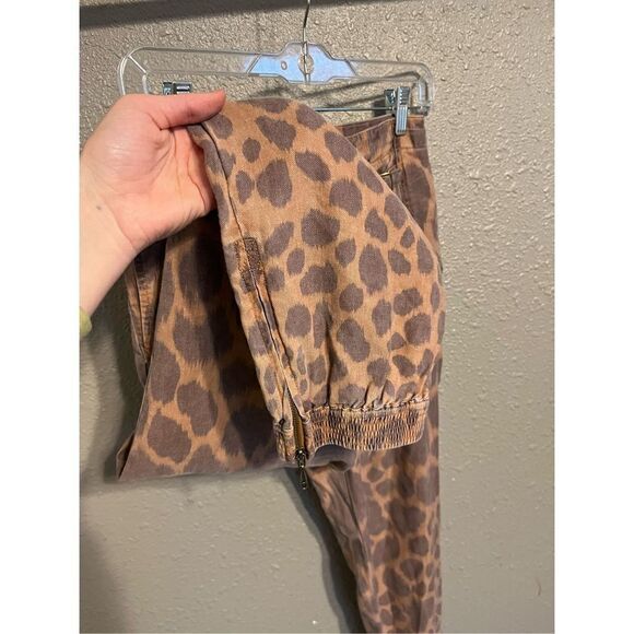 Anthropologie Brown Animal Print Joggers Women's Size 2 Linen Blend Zip Ankle - Picture 2 of 5